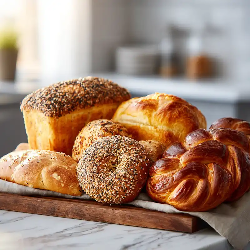 Variety of artisan breads with challah, bagels, and seeded loaves displayed on a wooden board | eatast.com