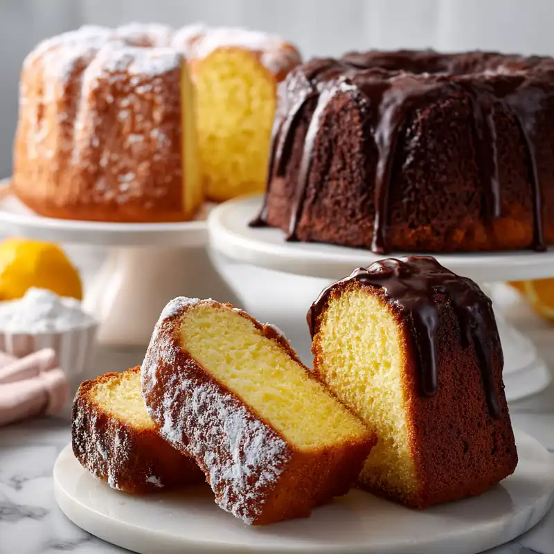 Classic bundt cakes topped with chocolate glaze and powdered sugar slices on a stand | eatast.com