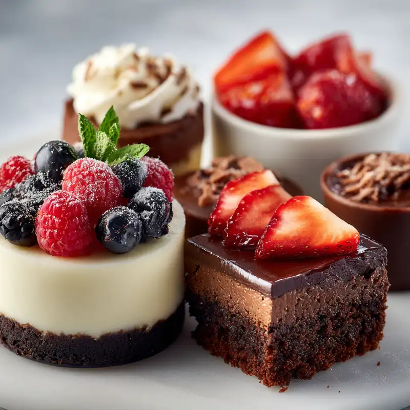Assortment of chocolate desserts with cheesecake, brownies, and fruit toppings | eatast.com